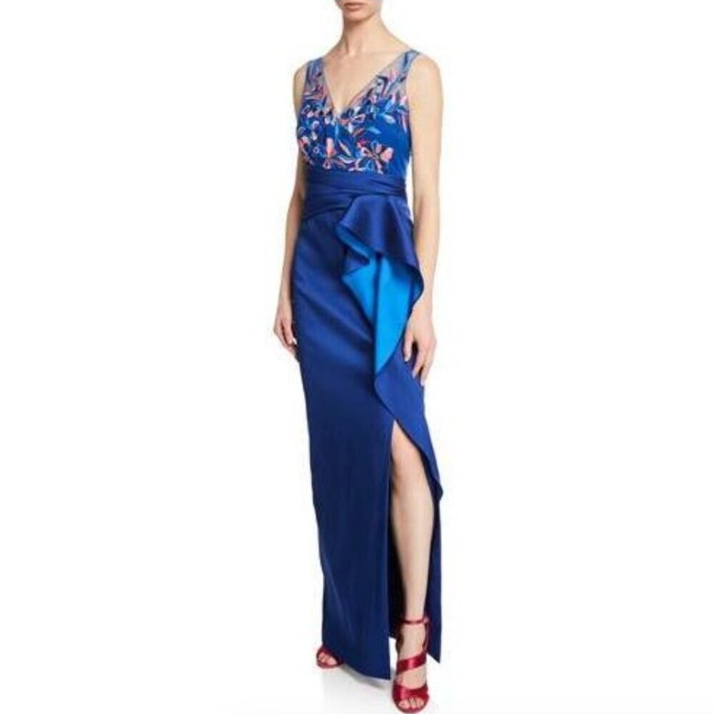 Marchesa Notte Sleeveless Two-Tone Stretch Mikado Column Gown